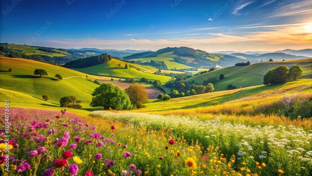 Scenic countryside landscape with blooming flowers and rolling hills Scenic countryside landscape with blooming flowers and rolling hills