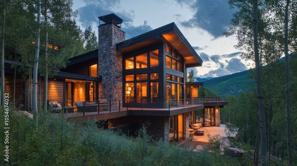 A contemporary mountain retreat with a rustic exterior, large windows, and panoramic views A contemporary mountain retreat with a rustic exterior, large windows, and panoramic views