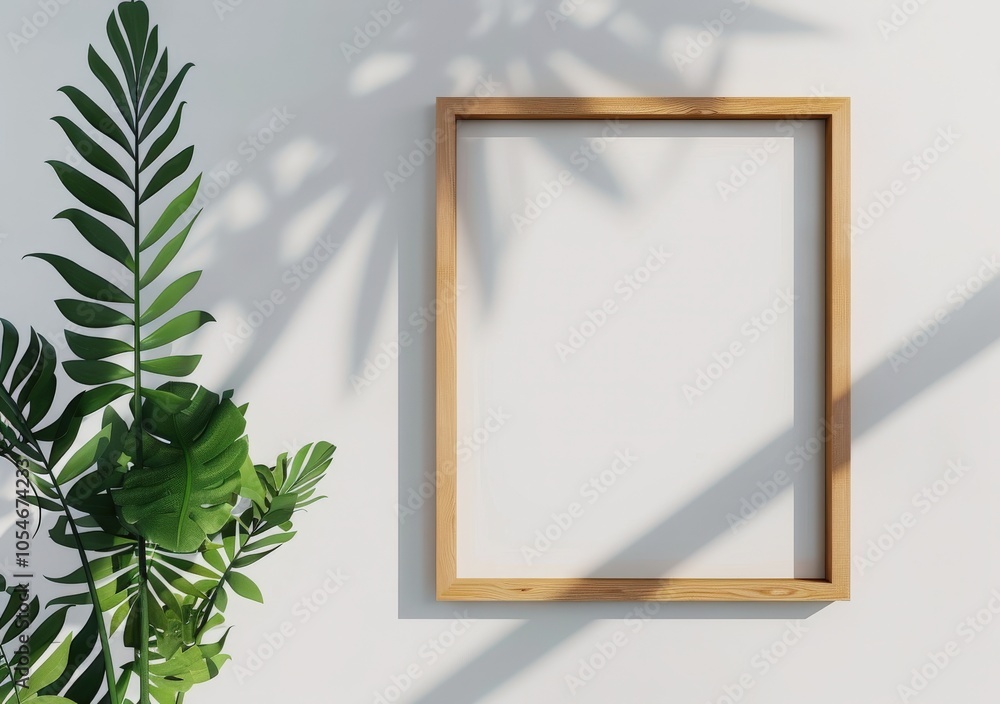A blank wooden picture frame on a white wall with a green plant and shadow A blank wooden picture frame on a white wall with a green plant and shadow