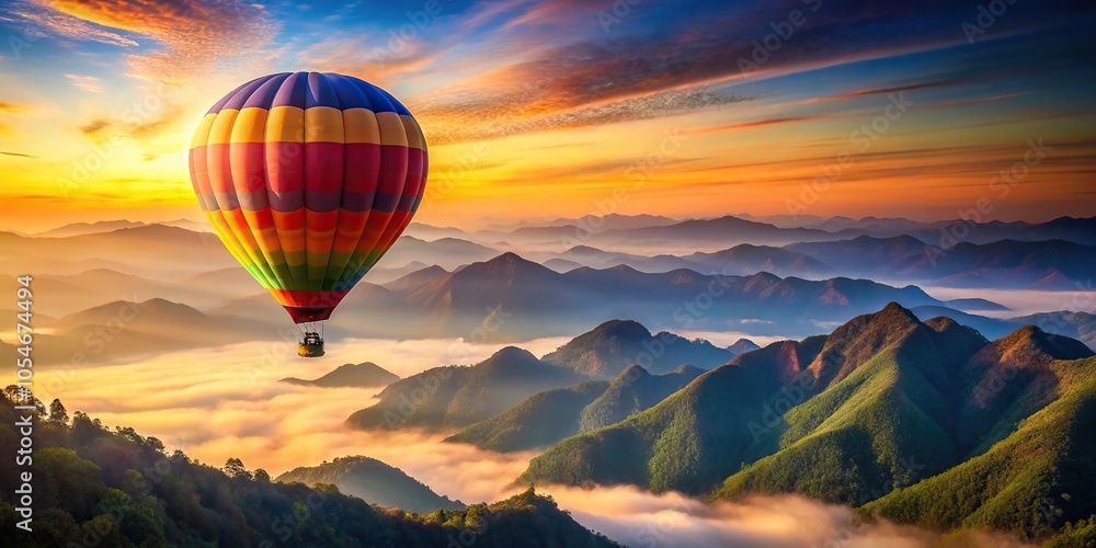 Scenic hot air balloon ride over mountains at sunrise Scenic hot air balloon ride over mountains at sunrise