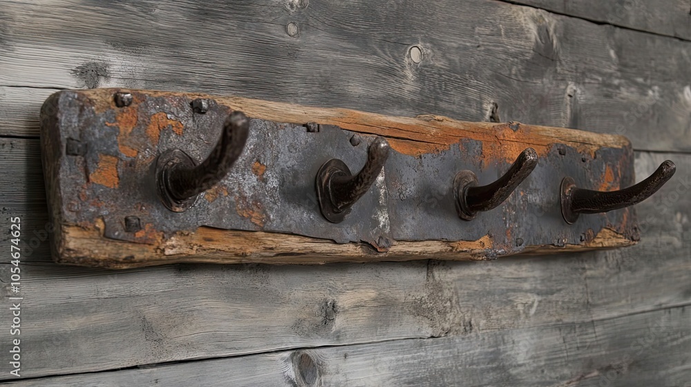 Rustic Wooden Plank with Four Metal Hooks Rustic Wooden Plank with Four Metal Hooks