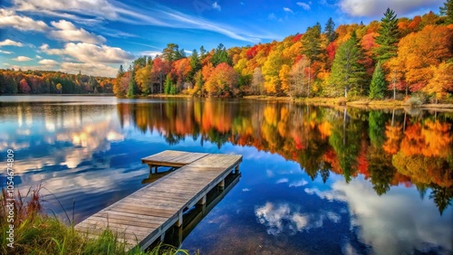 Fototapeta Naklejka Na Ścianę i Meble -  Scenic lake surrounded by vibrant fall forest colors in Wisconsin