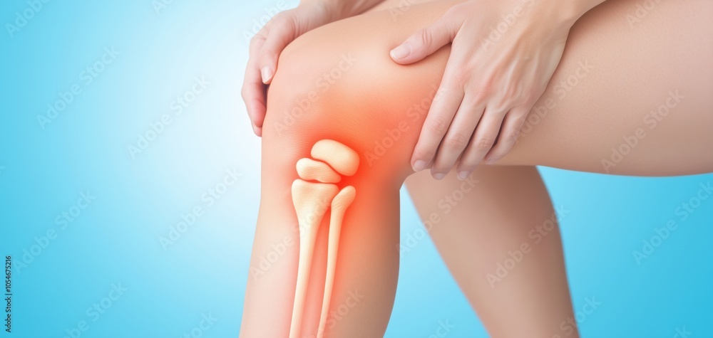 Illustration of knee joint with hands highlighting knee pain Illustration of knee joint with hands highlighting knee pain