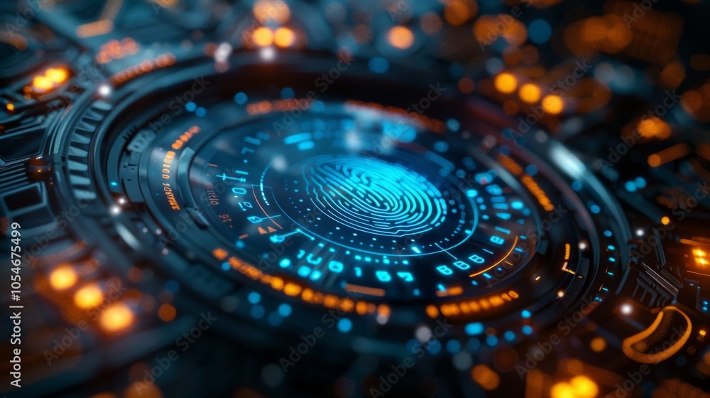 Futuristic interface with blue fingerprint and orange lights. AI generative. . Futuristic interface with blue fingerprint and orange lights. AI generative. .