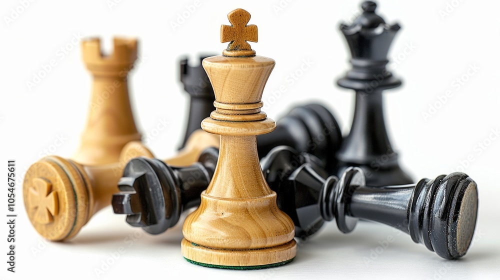 White king standing tall over fallen black pieces. AI generative. . White king standing tall over fallen black pieces. AI generative. .