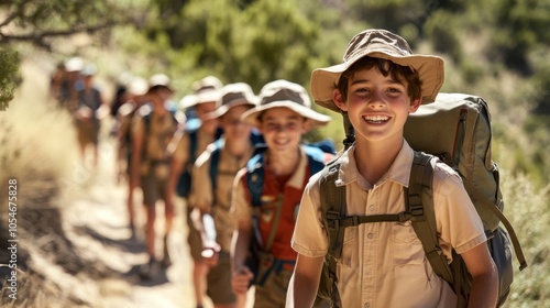 A group of scouts on a hiking trail, wearing backpacks and hats, trekking through