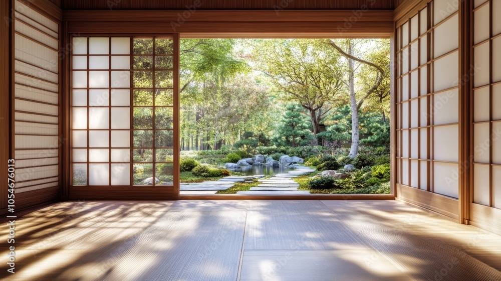 Fototapeta premium A Japanese-style house with sliding shoji doors, a zen garden, and a tranquil atmosphere.