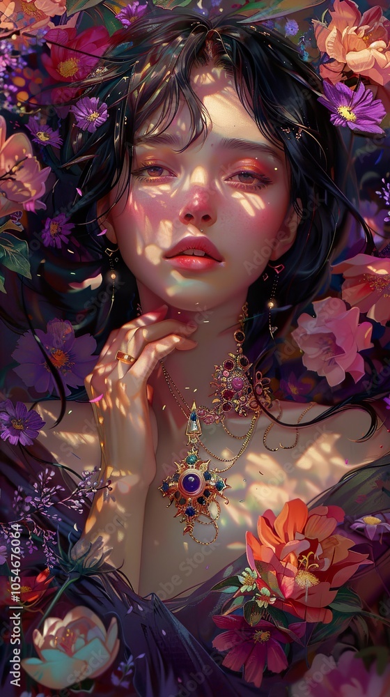 Enchanted Beauty: A Dreamy Portrait with Flowers and Jewels Enchanted Beauty: A Dreamy Portrait with Flowers and Jewels
