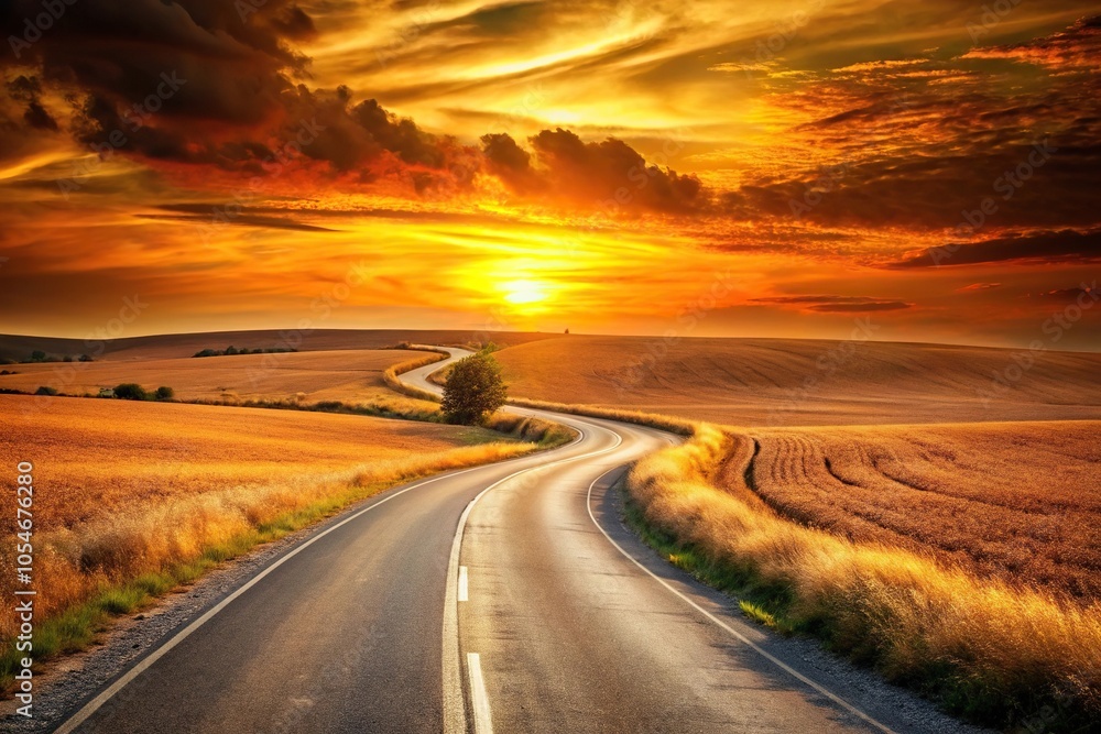 Scenic long road with orange sky and golden fields Scenic long road with orange sky and golden fields