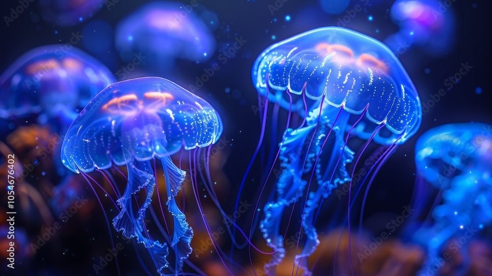 A school of jellyfish gracefully drifting through deep ocean waters, illuminated by soft, ethereal light. Suitable for marine life, AI Generative A school of jellyfish gracefully drifting through deep ocean waters, illuminated by soft, ethereal light. Suitable for marine life, AI Generative