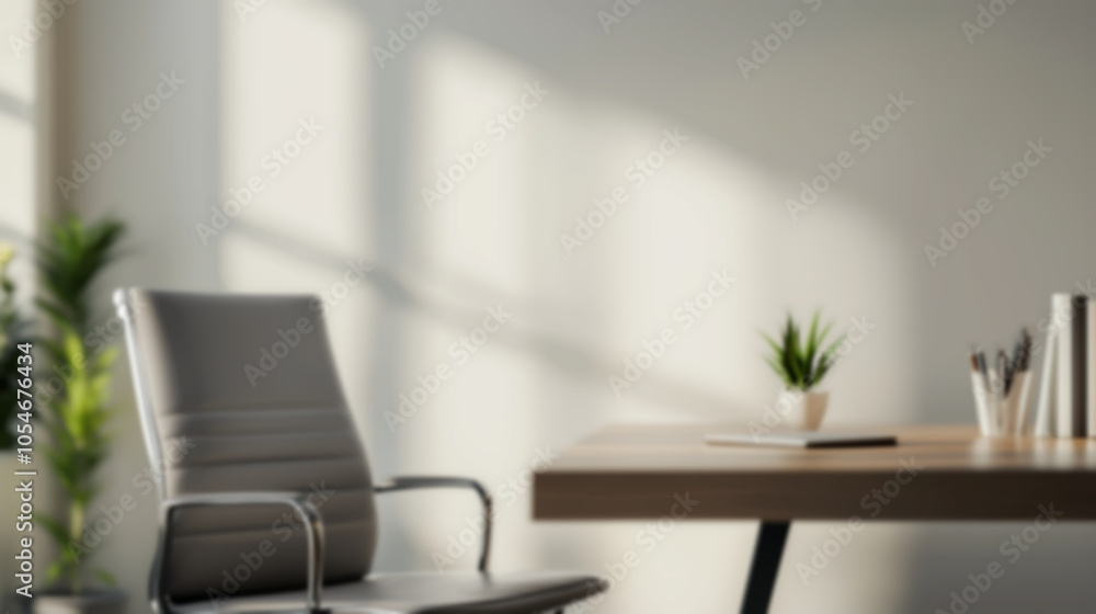 In the soft afternoon light, a blurred workspace reveals a sleek chair beside a minimalist desk adorned with a small potted plant and stationery, blurred image, copy space In the soft afternoon light, a blurred workspace reveals a sleek chair beside a minimalist desk adorned with a small potted plant and stationery, blurred image, copy space