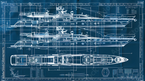 A technical blueprint of a luxury yacht with cross-sections showing the hull, interior cabins, and deck. 