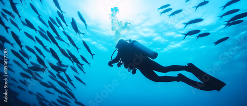 A diver explores the underwater world surrounded by schools of fish, illuminated by sunlight filtering through the water surface.