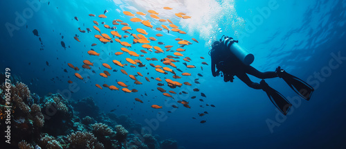 A diver exploring a vibrant underwater world, surrounded by schools of orange fish near a coral reef, showcasing marine beauty and adventure. photo