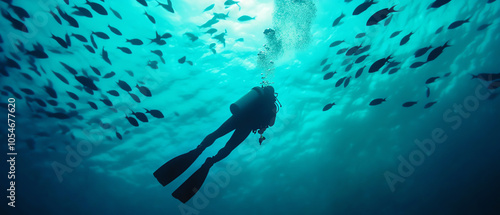 A diver exploring the vibrant underwater world surrounded by schools of fish, showcasing the beauty of marine life and underwater adventure.