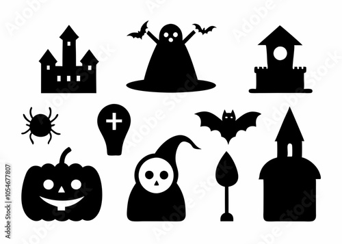 Collection of Halloween-themed icons in black silhouette vector illustration style on white background