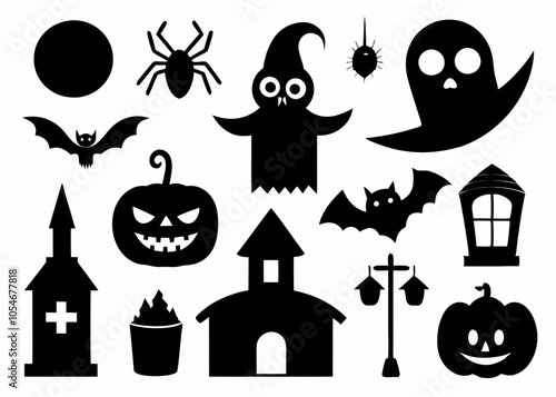 Collection of Halloween-themed icons in black silhouette vector illustration style on white background