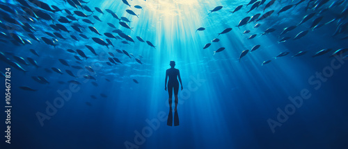 A diver surrounded by schools of fish, exploring the underwater world. Sunlight beams filter through the clear blue water, creating a serene atmosphere.