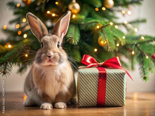 Adorable Bunny and Christmas Gift Under the Tree