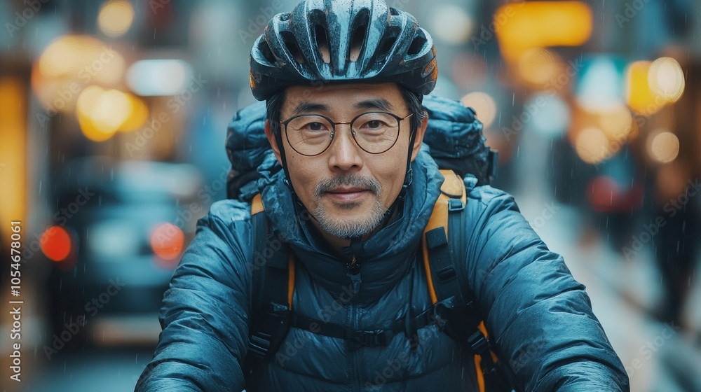 Middle-aged Asian man cycling through a vibrant city during a rainy afternoon commute Middle-aged Asian man cycling through a vibrant city during a rainy afternoon commute
