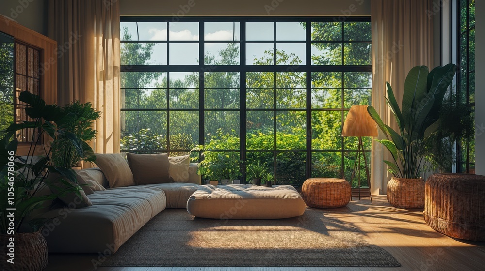 Fototapeta premium A serene nature-inspired living room with earthy tones, indoor plants, and large windows