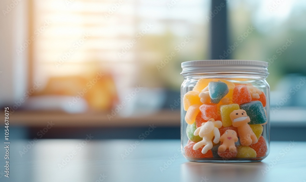 A glass jar filled with colorful gummy candies on a wooden table. A glass jar filled with colorful gummy candies on a wooden table.