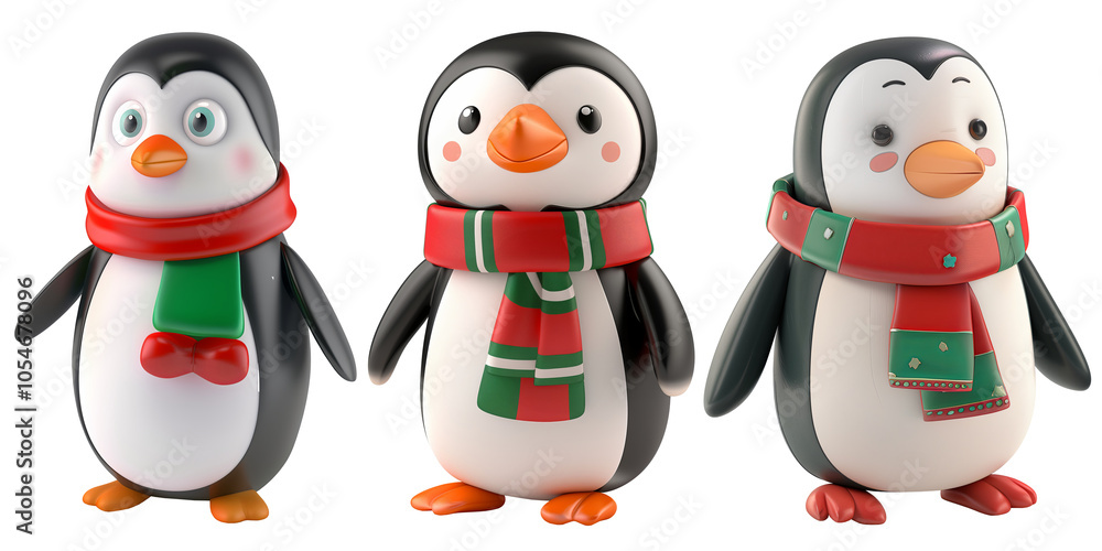 Fototapeta premium Three Festive Penguins Wearing Red and Green Scarves