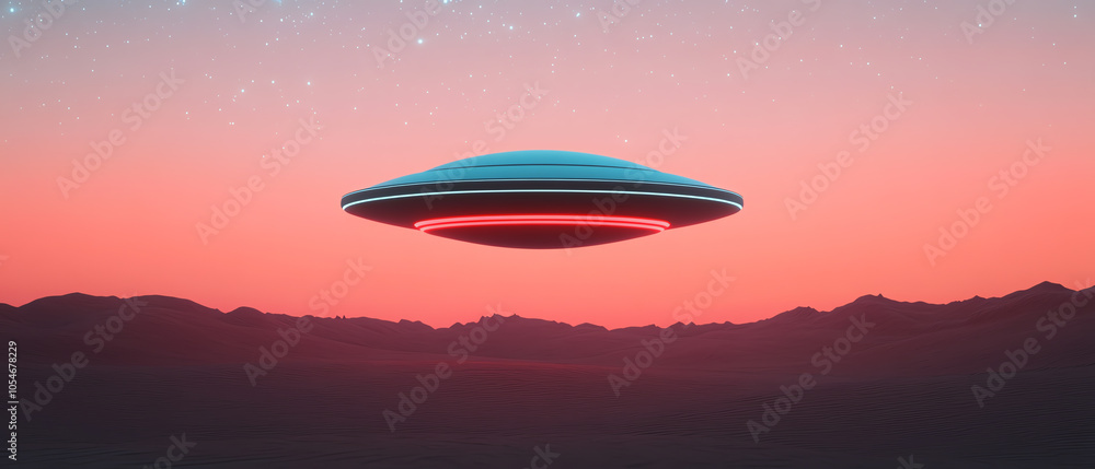 A futuristic UFO hovering above a serene landscape, set against a colorful twilight sky, showcasing the mystery of space exploration. A futuristic UFO hovering above a serene landscape, set against a colorful twilight sky, showcasing the mystery of space exploration.