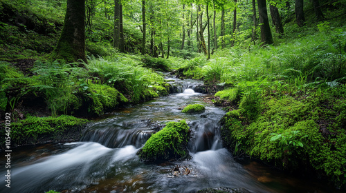 A peaceful stream flows through a lush green forest surrounded by vibrant ferns in summer
