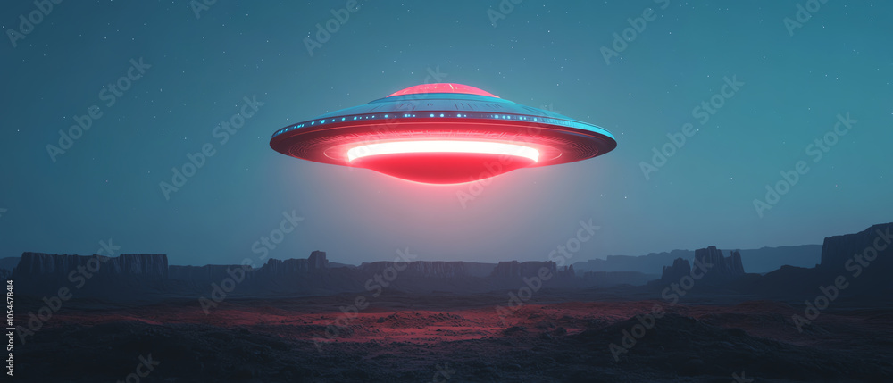 A futuristic UFO hovering over a desolate landscape, illuminated by vibrant neon lights against a dark blue sky. A futuristic UFO hovering over a desolate landscape, illuminated by vibrant neon lights against a dark blue sky.