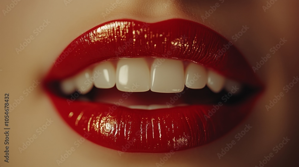 Fototapeta premium A close-up of the lipstick in front, a pair of red lips with gold edges and a slightly open mouth showing white teeth and clean skin against a light background