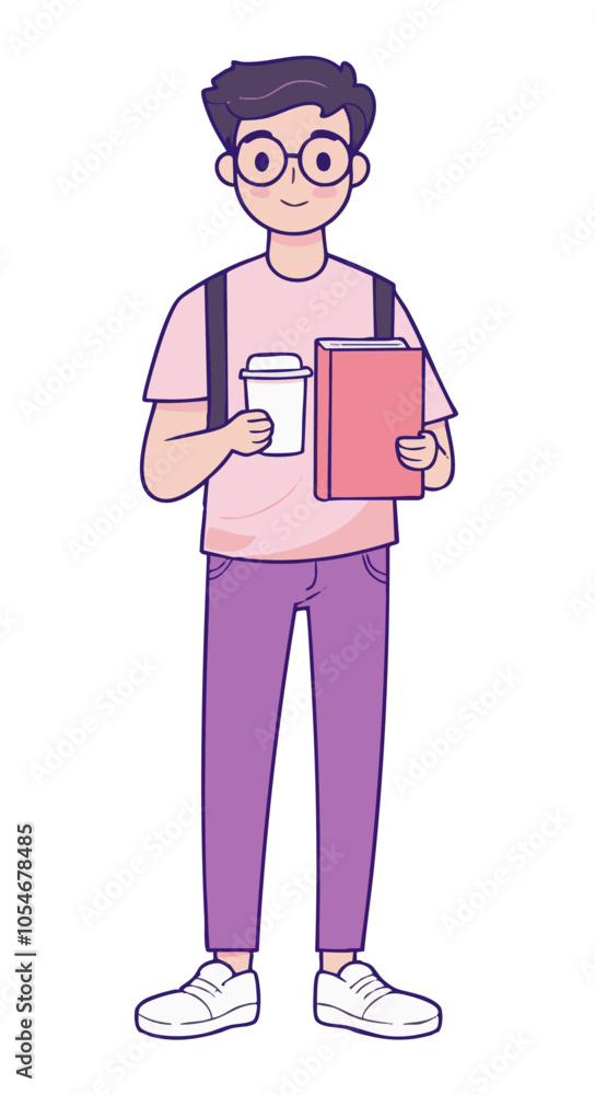 Smiling young man with glasses holding a coffee cup. Cute and friendly cartoon style.