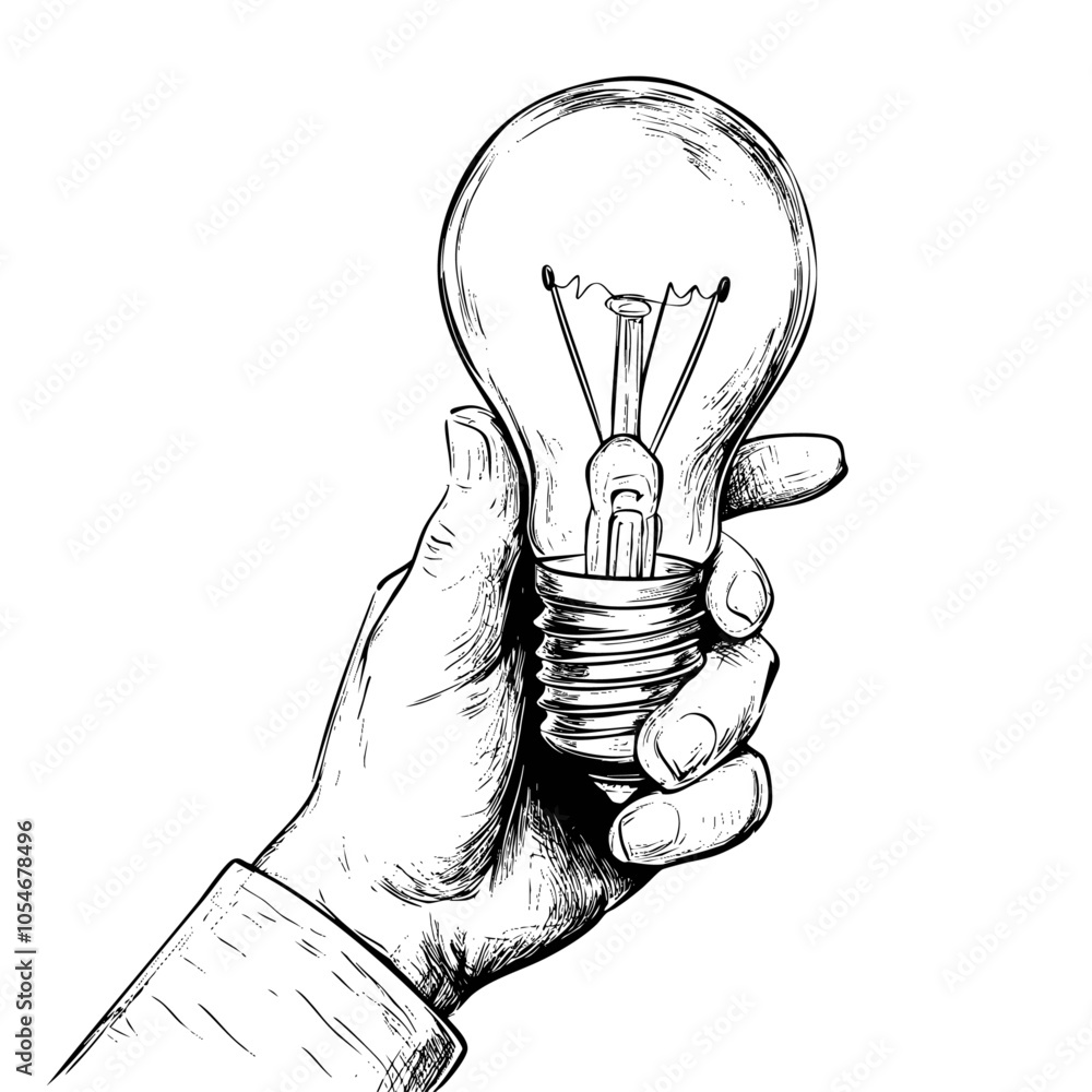 Hand holding a light bulb in detailed black and white illustration. Emphasis on creativity and idea concept.