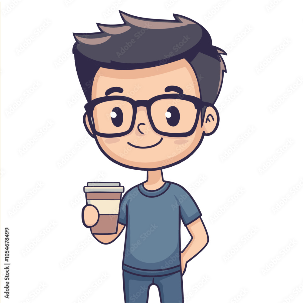 Smiling young man with glasses holding a coffee cup. Cute and friendly cartoon style.