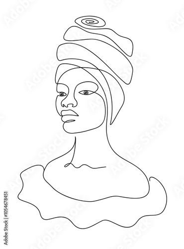 Line drawing african woman with turban. Pen drawing with one line on a transparent background.