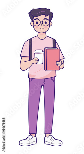 Obraz na płótnie Smiling young man with glasses holding a coffee cup. Cute and friendly cartoon style. w salonie
