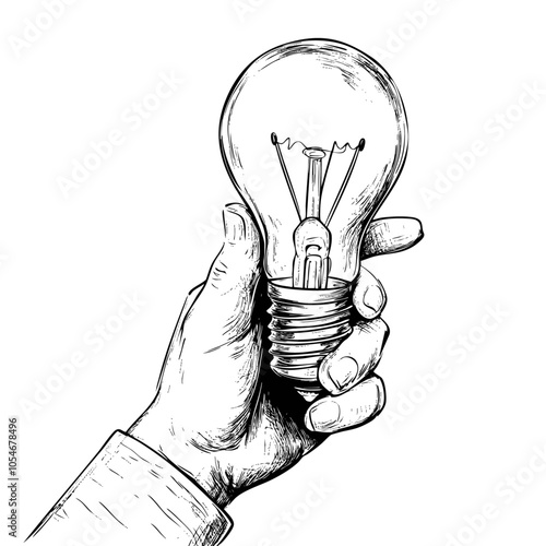 Obraz na płótnie Hand holding a light bulb in detailed black and white illustration. Emphasis on creativity and idea concept. w salonie
