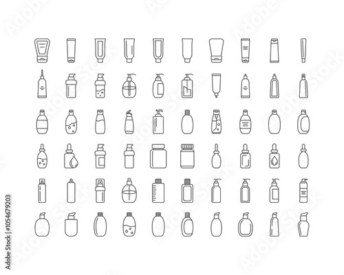 Collection vector icons of beauty, cosmetics and care. Bottle, jar, shower gel, face cream, body lotion, spray, ointment, paste.