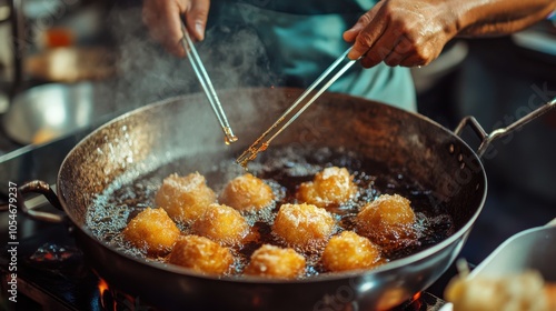 A Thai chef frying crispy Thai fish cakes, the golden brown patties sizzling in hot oil