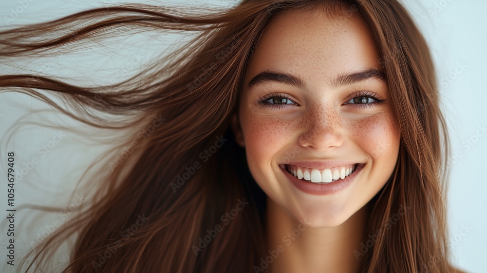 Beautiful smiling woman with long hair flying in the wind on white background Beautiful smiling woman with long hair flying in the wind on white background