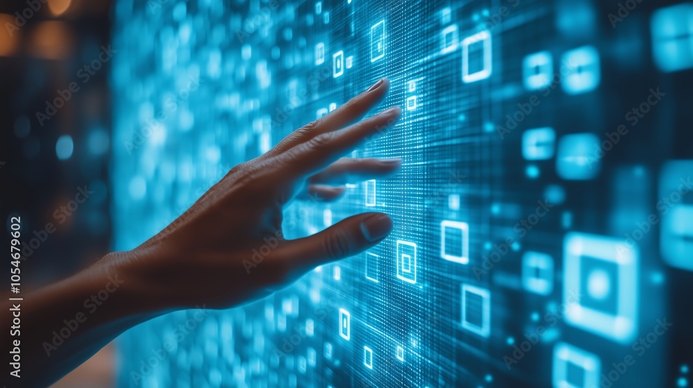 Close-up of hand touching digital touch screen, technology concept background with white squares and blue color Close-up of hand touching digital touch screen, technology concept background with white squares and blue color
