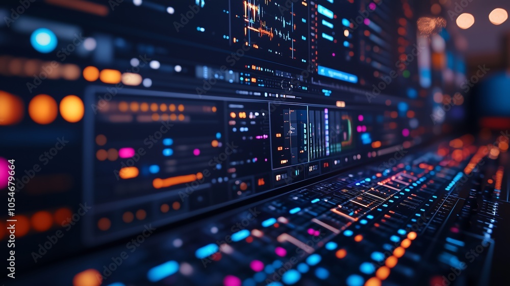 Close-up of video editing software interface with colorful icons and text, set against blurred background of professional audio-visual equipment in an office setting Close-up of video editing software interface with colorful icons and text, set against blurred background of professional audio-visual equipment in an office setting