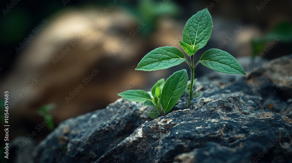 A small green plant growing resiliently on a rocky surface in a natural setting A small green plant growing resiliently on a rocky surface in a natural setting