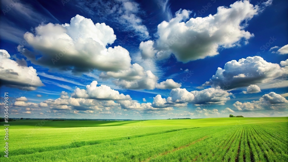 Scenic sky with fluffy clouds over green fields at a tilted angle Scenic sky with fluffy clouds over green fields at a tilted angle