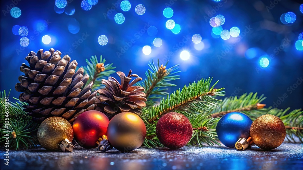 Blue Christmas Silhouette Background with Pine Cones and Twigs Blue Christmas Silhouette Background with Pine Cones and Twigs