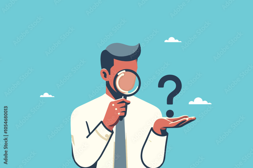 Zooming Into Questions, Businessman Investigates the Unknown Zooming Into Questions, Businessman Investigates the Unknown