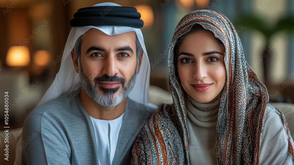 Middle-aged Middle Eastern couple sharing a joyful moment while attending a cultural event indoors Middle-aged Middle Eastern couple sharing a joyful moment while attending a cultural event indoors