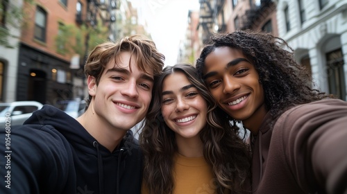 Three young friends, two men and one woman of different races smiling at the camera while taking a selfie in a city street.