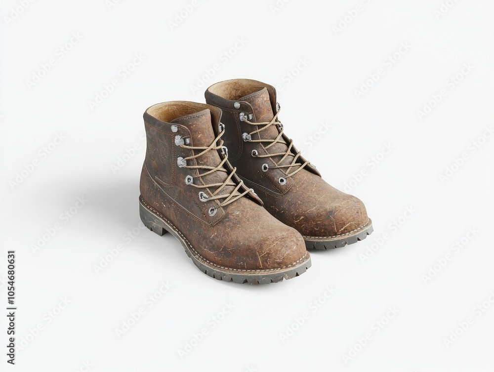 A pair of worn brown work boots on a light background, showcasing their rugged and sturdy design. A pair of worn brown work boots on a light background, showcasing their rugged and sturdy design.