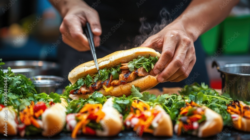 A Vietnamese chef assembling a fresh banh mi sandwich, layering grilled meats and pickled A Vietnamese chef assembling a fresh banh mi sandwich, layering grilled meats and pickled